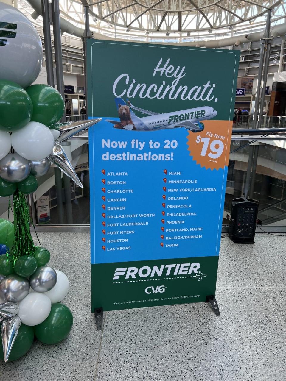 Frontier Airlines will offer 20 destinations from Cincinnati when it adds eight new routes in April and May.