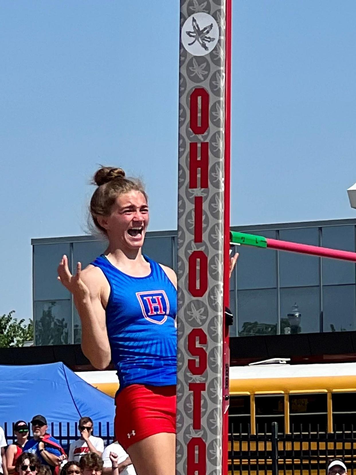 Highland's Juliette Laracuente-Huebner reacts after winning the Division II girls high jump state championship with a meet and D-II record of 15-10.75 at Ohio State's Jesse Owens Memorial Stadium last spring.