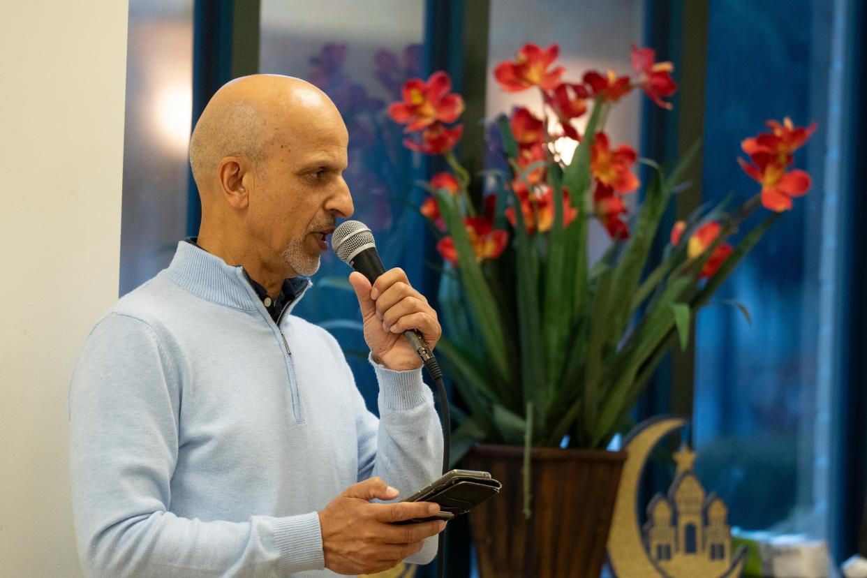 Mar 27, 2024; Boonton, NJ, USA; Gul Khan, coordinator for the Morris County Islamic Centers and founder of Different Faiths One Family, speaks during an annual Interfaith Dinner at Jam-e-Masjid Islamic Center.