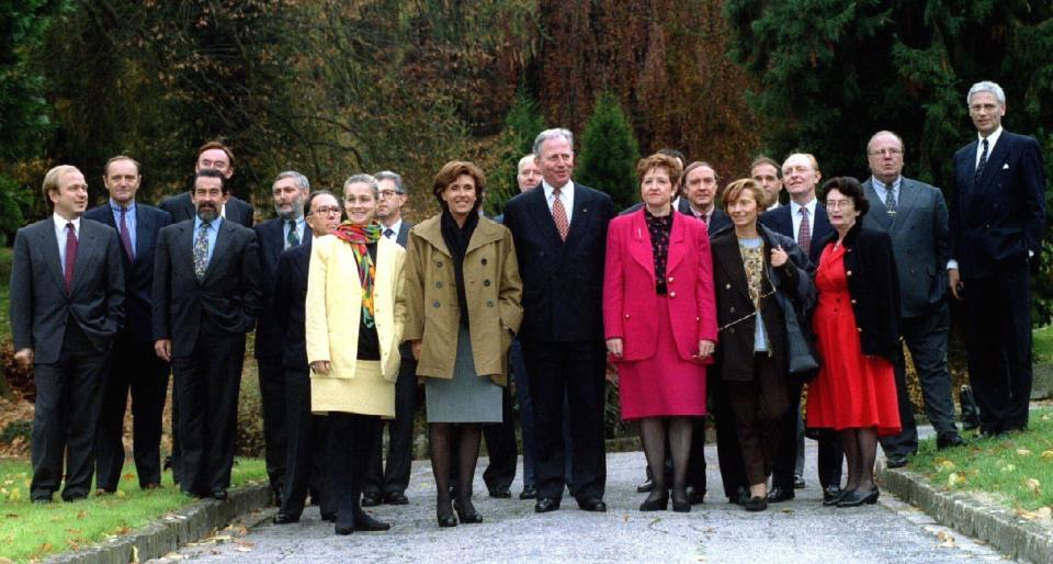 Bangemann, second right, with his fellow European Commissioners at Senningen Castle in Luxembourg in 1994; Neil Kinnock is fourth from the right - Reuters/Alamy