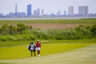 Mariajo Uribe, of Colombia, walks up the fairway during the first round of the ShopRite LPGA Classic golf tournament, Thursday, June 9, 2022, in Galloway, N.J. (AP Photo/Matt Rourke)
