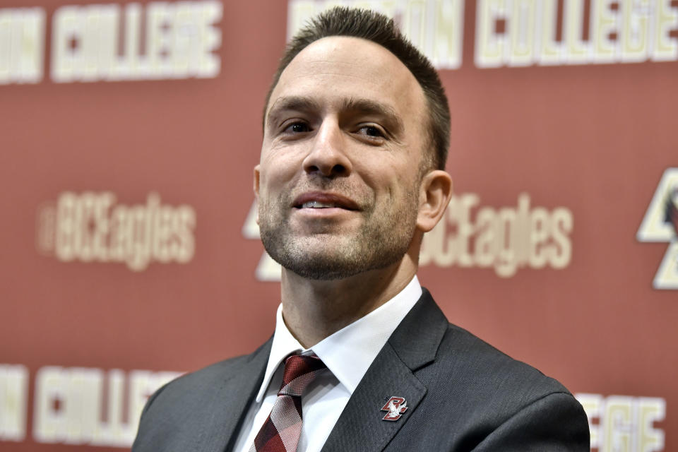 Jeff Hafley speaks at a news conference where he was introduced as the new NCAA college football head coach at Boston College, Monday, Dec. 16, 2019, in Boston. (AP Photo/Josh Reynolds)