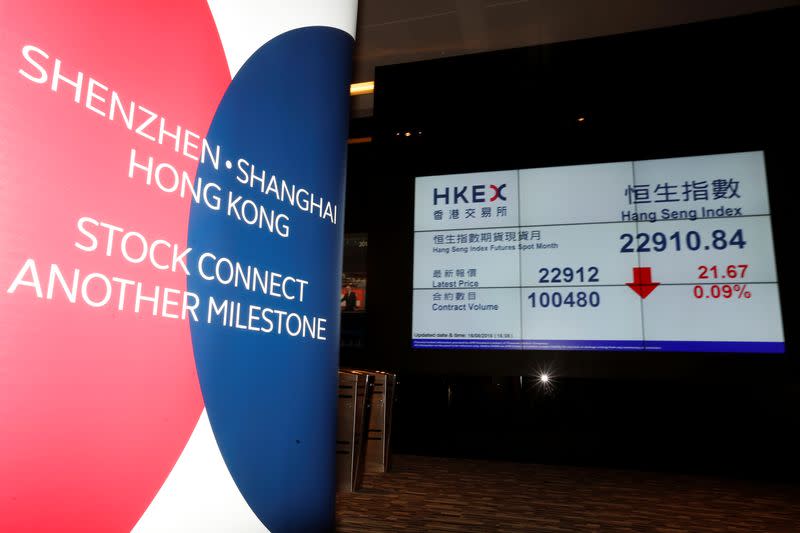 A banner promoting Shenzhen-Hong Kong Stock Connect is displayed at the Hong Kong Exchanges