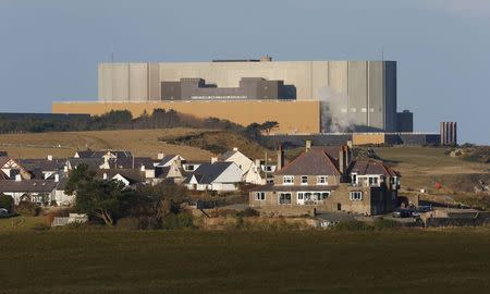 The Wylfa Power Station is seen behind the village of Cemaes, northern Wales in this February 22, 2013 file photo. REUTERS/Suzanne Plunkett/Files