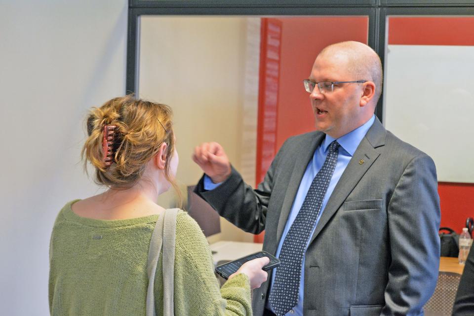 Shane Creech, interim Columbia Public Works director, is interviewed Thursday during a meet-and-greet event for finalists vying to become the city's new public works director. The event was held at The Hub, Regional Economic Development Inc.'s entrepreneurial center.