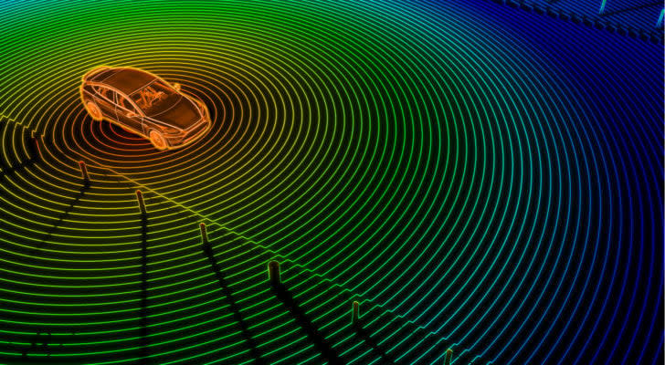 graphic of an orange car emanating an array of circular yellow, green and blue lines to signify light detection and ranging