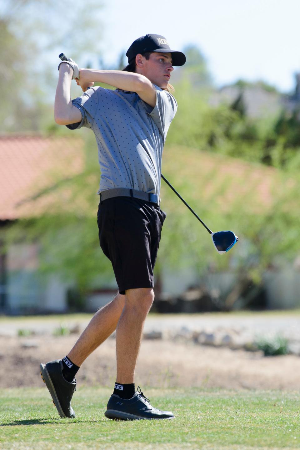 Hesperia’s Sullivan Kilkenny tees off on the eighth hole at Bear Valley Country Club on Thursday, April 6, 2023.