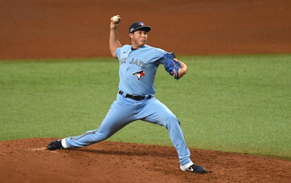 Right-hander Nate Pearson pitched in five games for the Blue Jays in 2020, with a 1-0 record and 6.00 ERA.