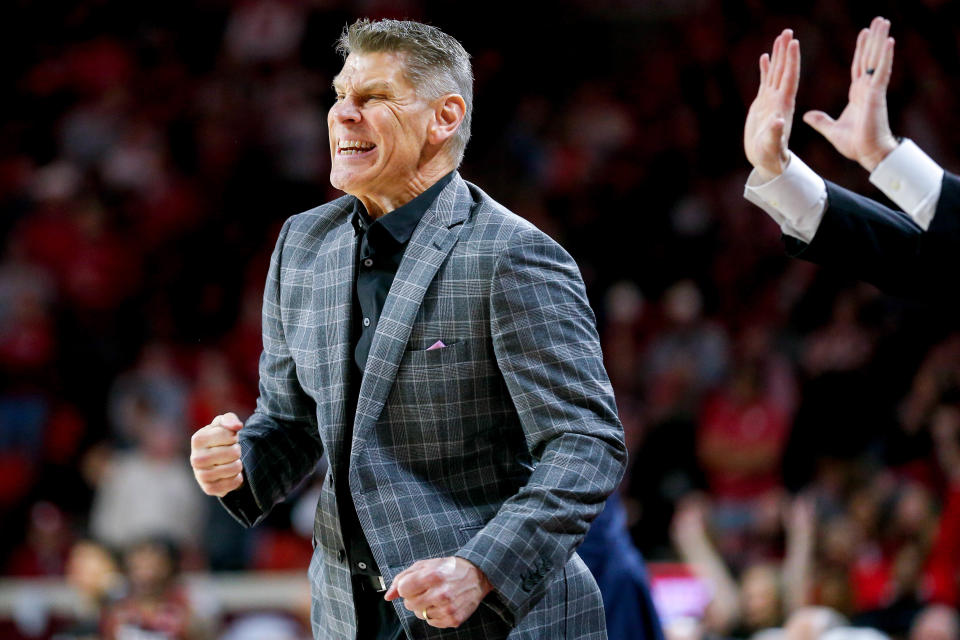 Oklahoma head coach Porter Moser yells to players after a Texas Tech point in the first half during an NCAA basketball game between University of Oklahoma (OU) and Texas Tech at the Lloyd Noble Center in Norman, Okla., on Saturday, Jan. 27, 2024.