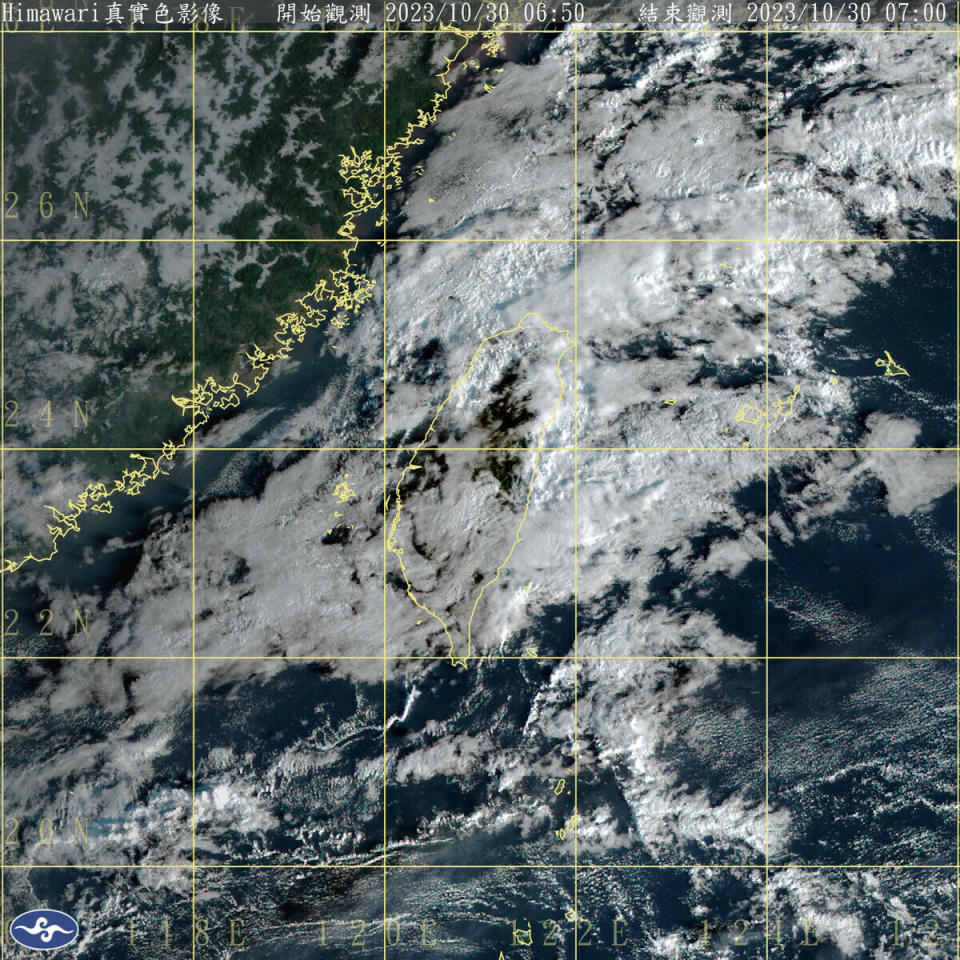 受到東北季風影響，桃園以北與東半部地區今天將有局部短暫雨，上午7時，全台除了恆春有太陽稍微露臉外，都是多雲天氣。   圖：中央氣象署／提供