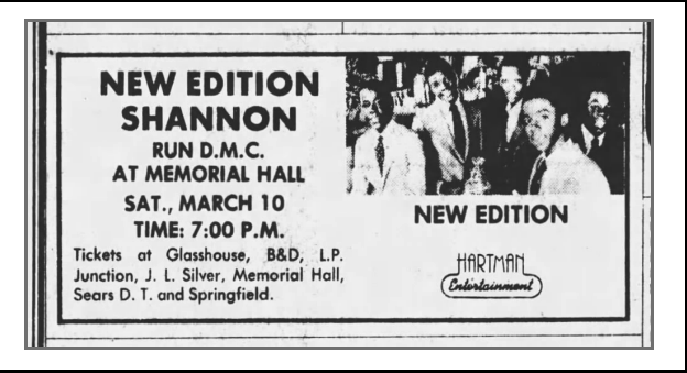 Flyer for  New Edition & RUN D.M.C. show. March 10th, 1984, Dayton, OH.