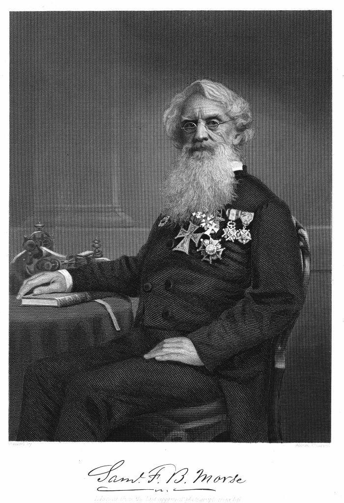 famous inventors samuel finley breese morse 1791 1872 american artist and inventor engraving published 1872 showing him with his printing telegraph on table beside him