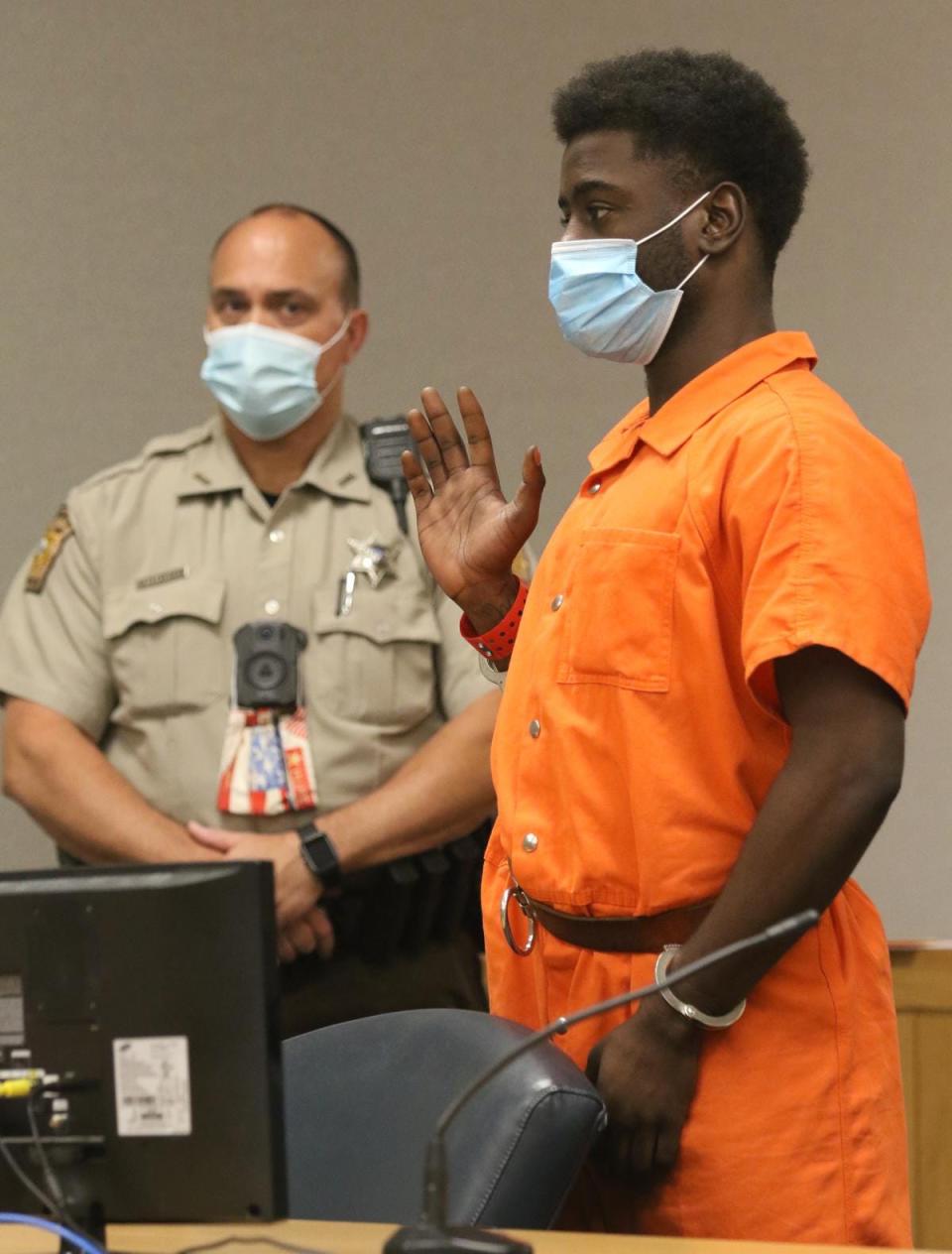 Markevion Antwan Weldon, 19, makes his first appearance before District Court Judge Pennie M. Thrower on Thursday afternoon, Sept. 10, 2020, at the Gaston County Courthouse.