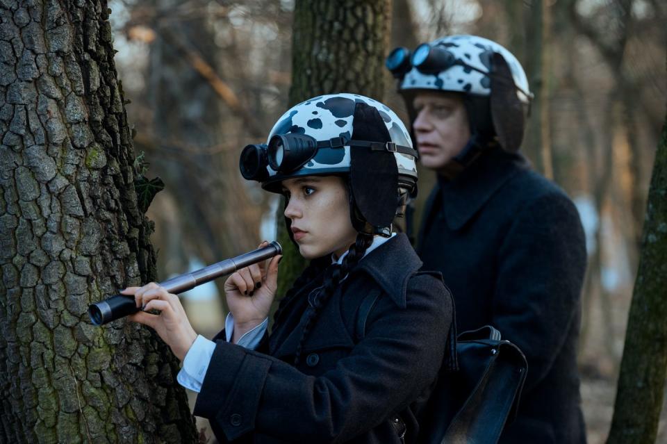 jenna ortega as wednesday addams and fred armisen as uncle fester in wednesday season 1