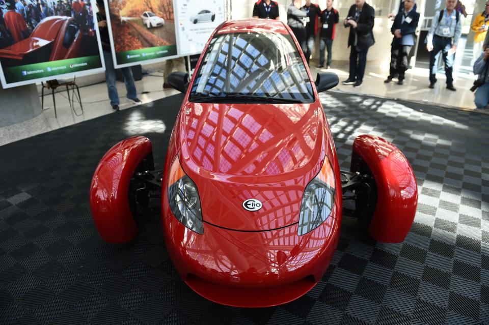 Elio Motors showed off the fifth generation of its prototype three-wheeled, 84 mpg vehicle at the Los Angeles Auto Show in 2015.