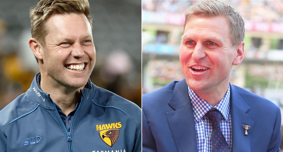 Pictured right to left, AFL pundit Kane Cornes and Hawthorn coach Sam Mitchell.