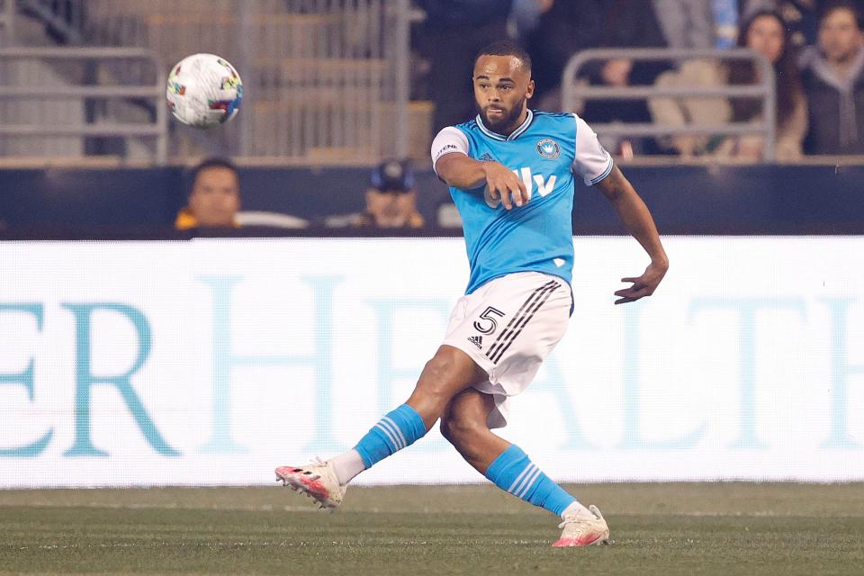 CHESTER, PENNSYLVANIA - APRIL 02: Anton Walkes #5 of Charlotte FC passes the ball against Philadelphia Union at Subaru Park on April 02, 2022 in Chester, Pennsylvania. (Photo by Tim Nwachukwu/Getty Images)