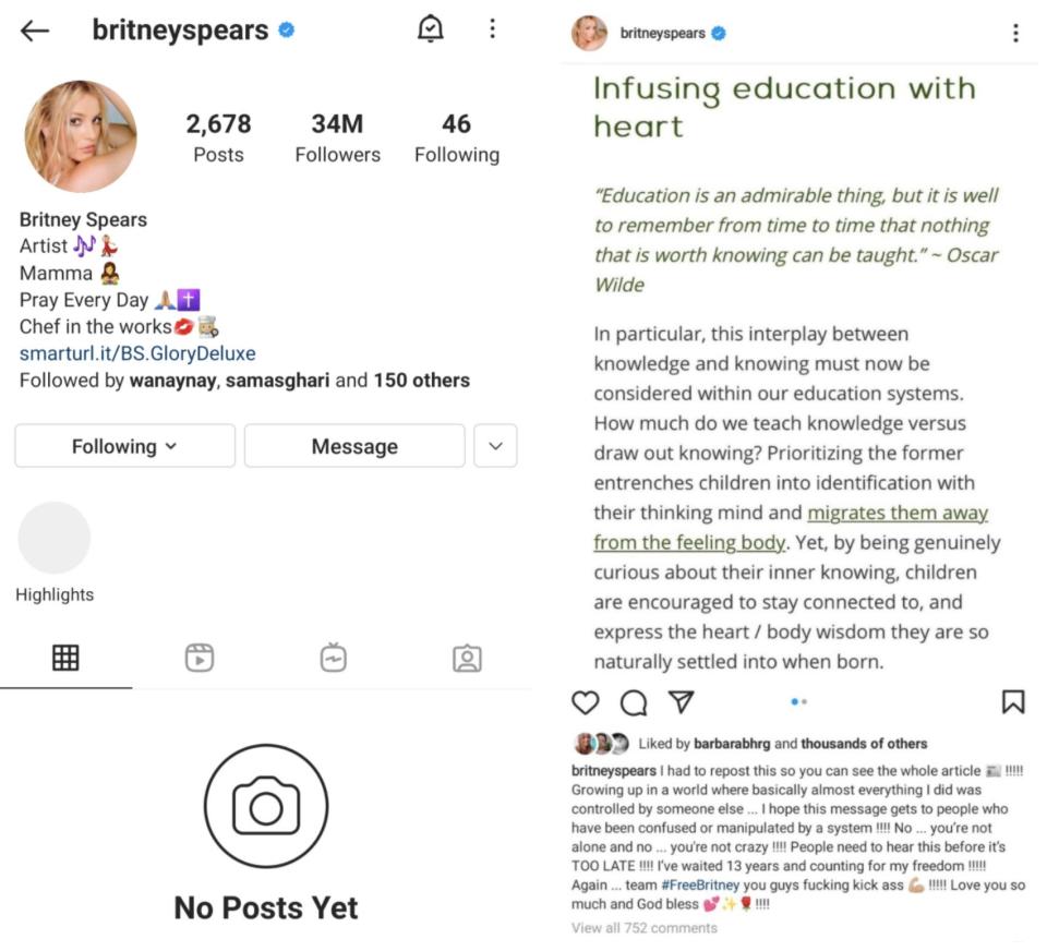 Britney Spears' Instagram profile after it deactivated on Tuesday (L); Spears' last post before her Instagram was deactivated.