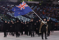 <p>Beau-James Wells carries the flag of New Zealand during the opening ceremony of the 2018 Winter Olympics in Pyeongchang, South Korea, Friday, Feb. 9, 2018. (AP Photo/Petr David Josek) </p>