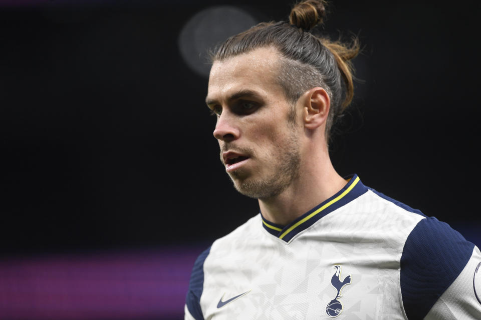 Tottenham's Gareth Bale during the English Premier League soccer match between Tottenham Hotspur and West Ham United at the Tottenham Hotspur Stadium in London, England, Sunday, Oct. 18, 2020. (Neill Hall/Pool via AP)