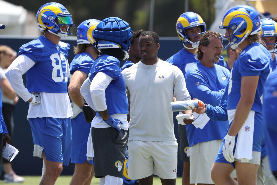 Rams running backs coach Ra'Shaad Samples at training camp at University of California Irvine.