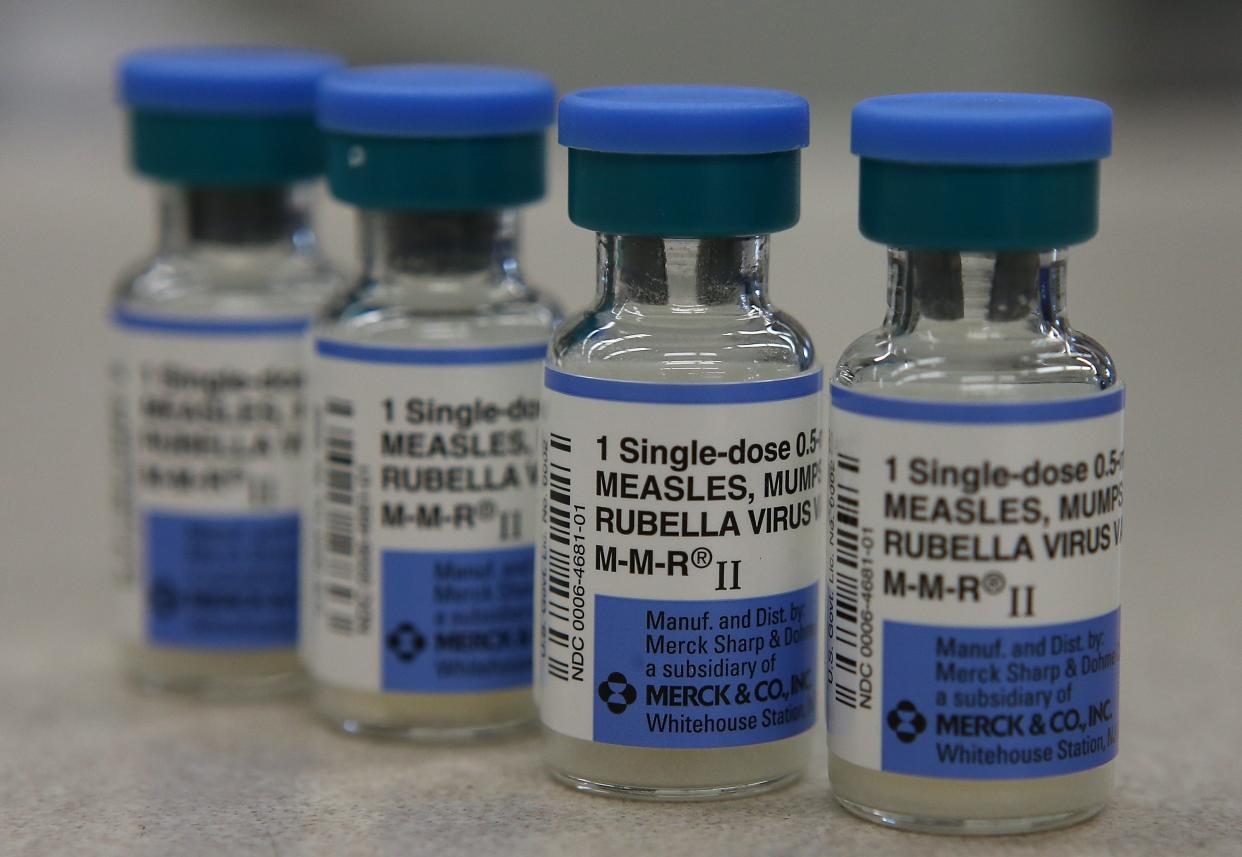 Vials of measles, mumps and rubella vaccine are displayed on a counter at a Walgreens Pharmacy on Jan. 26, 2015 in Mill Valley, California.