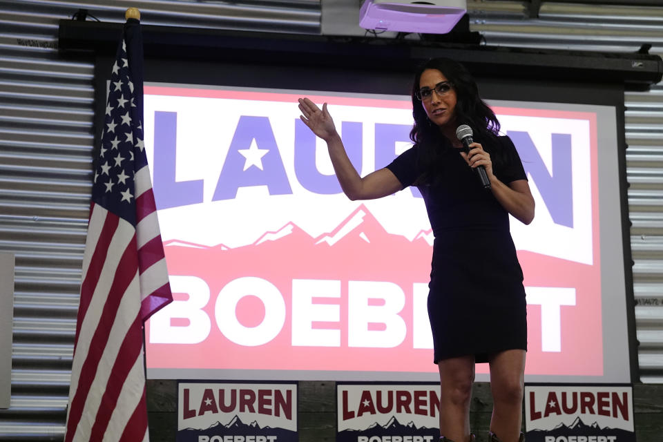 U.S. Rep. Lauren Boebert, R-Colo., speaks to supporters during a primary election watch party, Tuesday, June 25, 2024, in Windsor, Colo. (AP Photo/David Zalubowski)