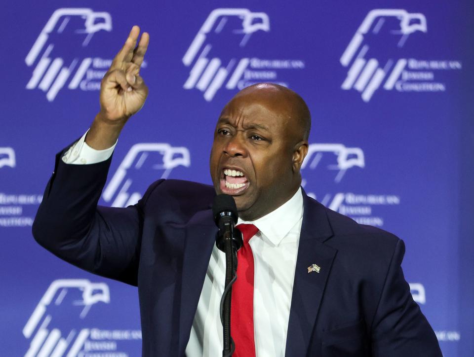 LAS VEGAS, NEVADA - OCTOBER 28: Republican presidential candidate U.S. Sen. Tim Scott (R-SC) speaks during the Republican Jewish Coalition's Annual Leadership Summit at The Venetian Resort Las Vegas on October 28, 2023 in Las Vegas, Nevada. The summit features the top GOP presidential candidates who will face their first test on the road to the Republican nomination with the Iowa Caucuses on January 15, 2024.