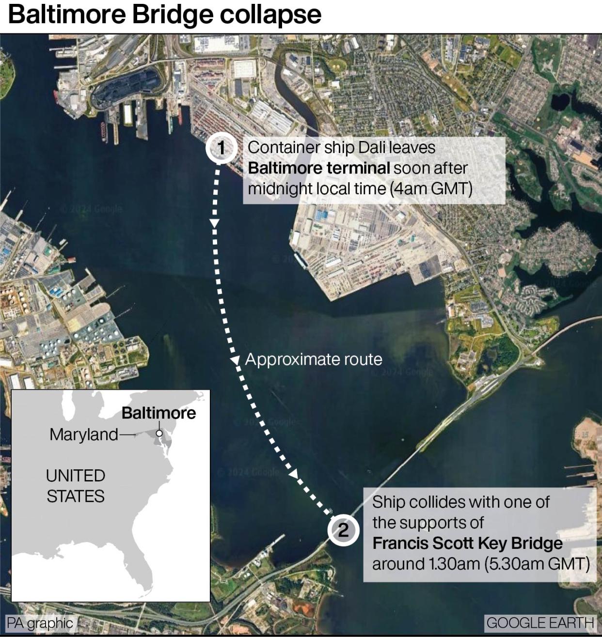 The approximate route of the vessel before it collided with the bridge in Baltimore. (PA)