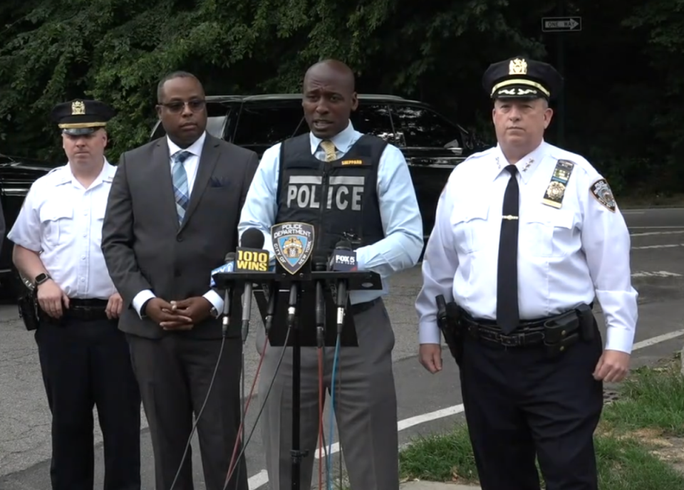 Officers speak to reporters about a sexual assault in Central Park on Monday. (New York City Police Department)