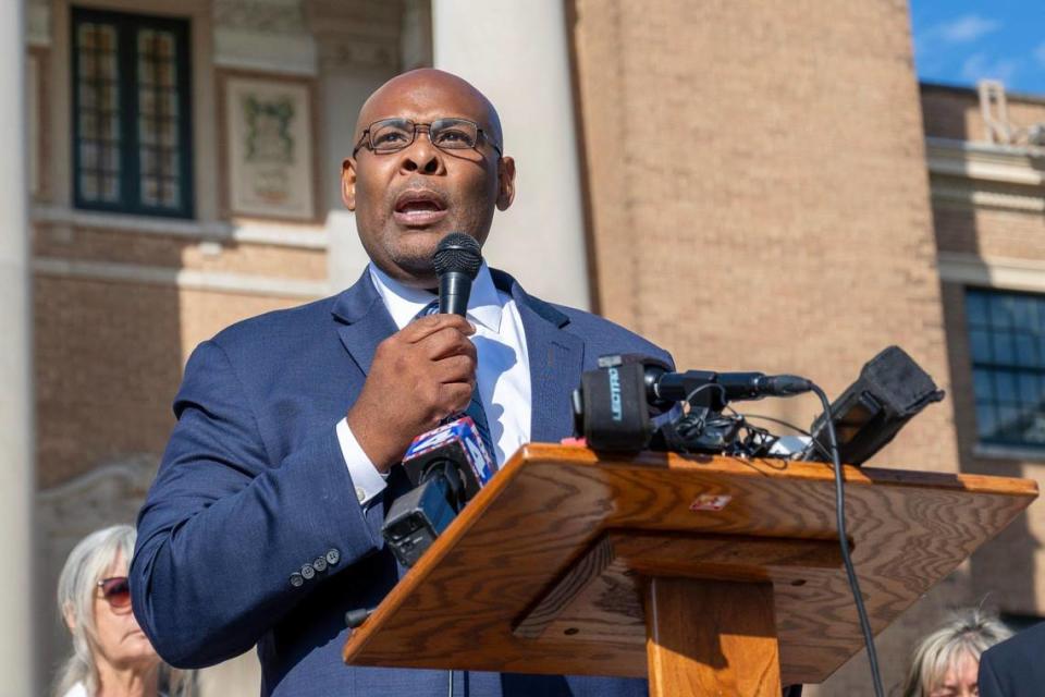 Tyrone Garner, CEO and Mayor of the Unified Government of Wyandotte County/Kansas City, Kansas, spoke during a press conference on Wednesday, October 11, 2023, outside Memorial Hall in Kansas City, Kansas.  Officials announced the creation of a task force to assess and consider changes in local government.