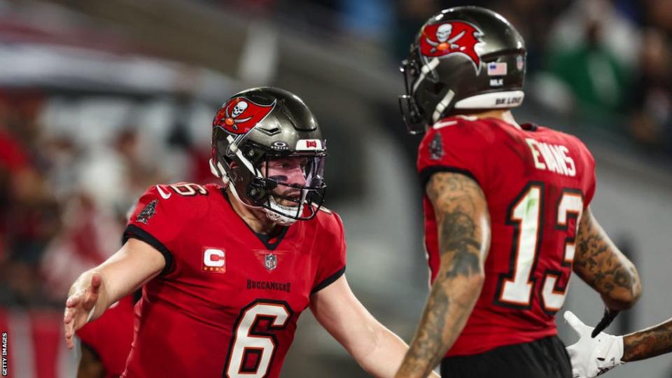 Baker Mayfield and Mike Evans celebrate while playing for the Tampa Bay Buccaneers