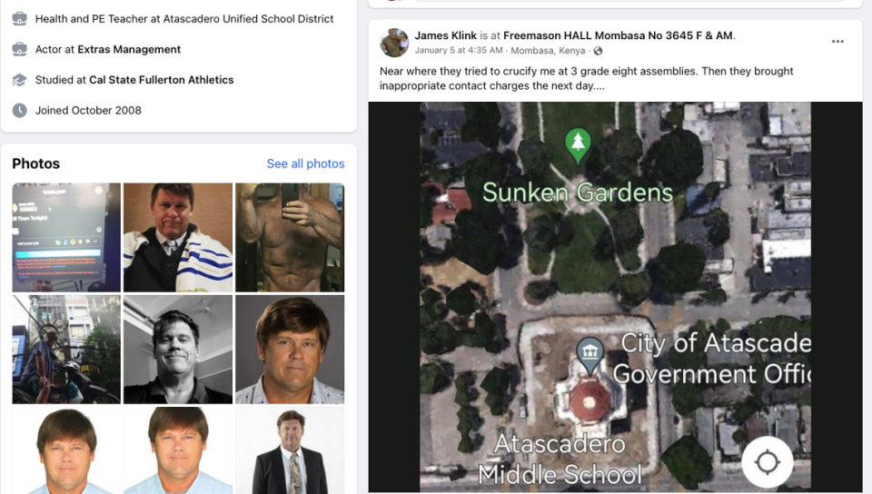 Screenshots from James Klink’s Facebook page. The Atascadero Middle School teacher was placed on leave in September 2022 during an investigation of inappropriate behavior toward students. He was then arrested on Jan. 17, 2023, ,on suspicion of making threats against school administrators.
