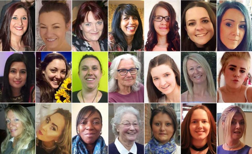 Killed by men in 2017: (FIRST ROW, left to right) Jodie Willsher, Julie Parkin, Justene Reece, Kanwal/Bernice Williams, Katrina Evemy, Kelly Brewster, Kerri McAuley; (SECOND ROW, left to right) Kiran Daudia, Kirsty Boden, Kirsty (aka Kirby) Noden, Lea Adri-Soejoko, Leanne Collopy, Leanne McKie, Leonne Weeks; (THIRD ROW, left to right) Lisa Chadderton, Lisa Lees, Marie Brown, Marjorie Cawdery, Megan Bills, Megan Hurley, Michelle Kiss (PA)