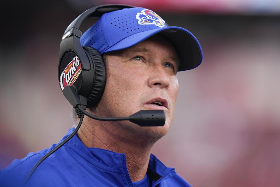 FILE - Kansas head coach Lance Leipold watches from the sideline during the first half of an NCAA college football game against Houston, Saturday, Sept. 17, 2022, in Houston. Leipold was selected top coach in the Associated Press Big 12 Midseason Awards, Tuesday, Oct. 11, 2022. (AP Photo/Eric Christian Smith, File)