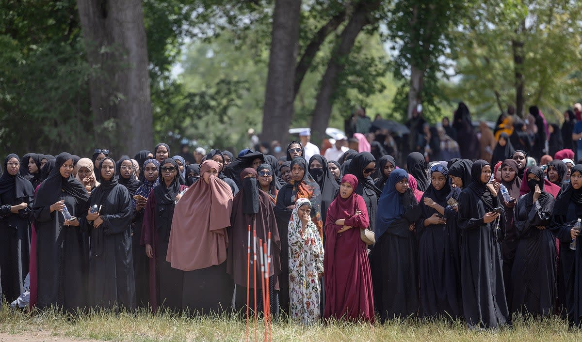 Crowds of women and men attend the funeral of the five people killed in a car crash on Lake Street, at the Garden of Eden Islamic Cemetery in Burnsville, Minn., on Monday, June 19, 2023. (AP)