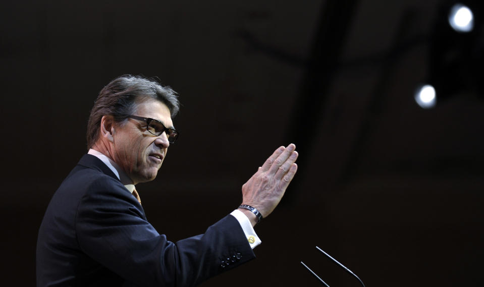 Texas Gov. Rick Perry speaks at the Conservative Political Action Committee annual conference in National Harbor, Md., Friday, March 7, 2014. Friday marks the second day of the annual Conservative Political Action Conference, which brings together prospective presidential candidates, conservative opinion leaders and tea party activists from coast to coast. (AP Photo/Susan Walsh)