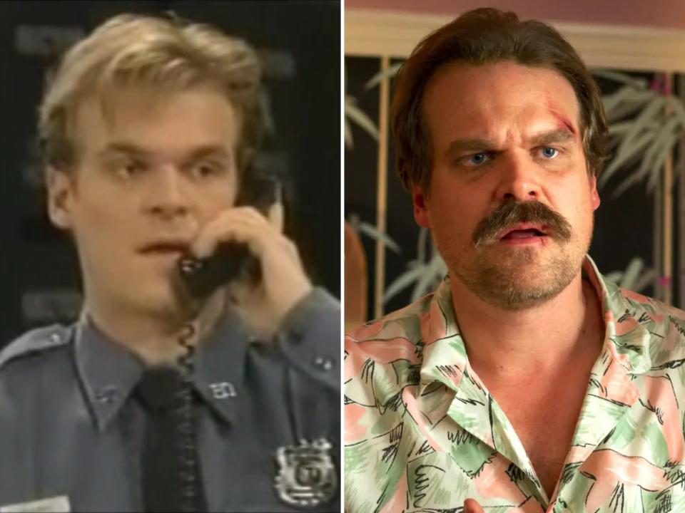 left: david harbour on as the world turns, younger, with light brown hair and no mustache. he's in a police uniform and holding a phone; right: david harbour in stranger things, middle aged, wearing a brightly patterned shirt and with dark brown hair and mustache