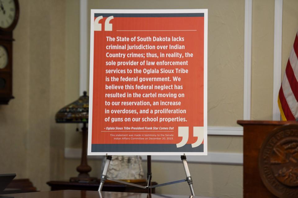 A statement made by Oglala Sioux Tribe President Frank Star Comes Out displayed in the Mount Rushmore room before Gov. Kristi Noem’s press conference on Friday, May 17, 2024, at the South Dakota State Capitol in Pierre, South Dakota.