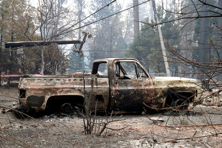 A truck destroyed by the Camp Fire is seen in Paradise, California, U.S., November 13, 2018. REUTERS/Terray Sylvester