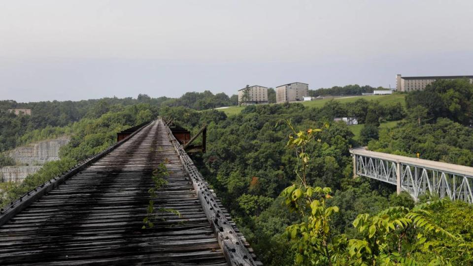 A rail bridge, called Young’s High Bridge, extends over the Kentucky River near Wild Turkey Distillery. A new rail bike tour lets you ride on the rails up to the overlook. Olivia Anderson/oanderson@herald-leader.com