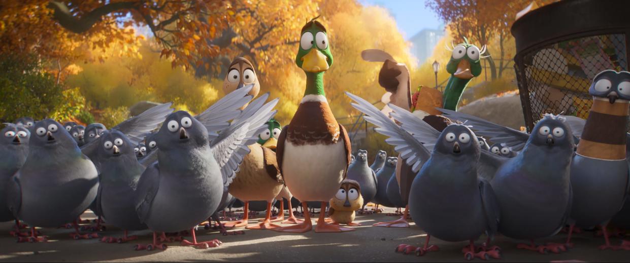 Mack (voiced by Kumail Nanjiani, center) takes his duck family on a big-city adventure in the animated comedy "Migration."