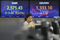 A currency trader watches monitors near the screens showing the Korea Composite Stock Price Index (KOSPI), left, and the foreign exchange rate between U.S. dollar and South Korean won at the foreign exchange dealing room of the KEB Hana Bank headquarters in Seoul, South Korea, Tuesday, Feb. 6, 2024. Shares are mixed in Asia, where Chinese markets advanced after a government investment fund said it would step up stock purchases. (AP Photo/Ahn Young-joon)