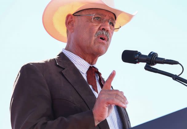 PHOTO: Mark Finchem, Republican nominee for Arizona secretary of state, speaks at a campaign rally attended by former U.S. President Donald Trump at Legacy Sports USA on Oct. 09, 2022, in Mesa, Arizona.  (Mario Tama/Getty Images)