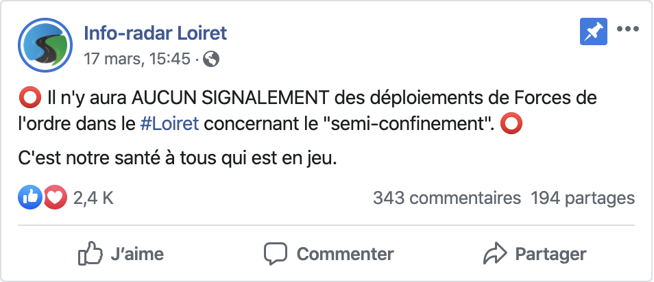 Le groupe Facebook Info-radar Loiret n'annonce plus les contrôles liés au confinement. 