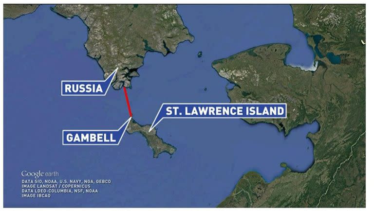 Una captura del mapa que publicó un canal de TV de Alaska con el lugar al que llegaron los dos rusos