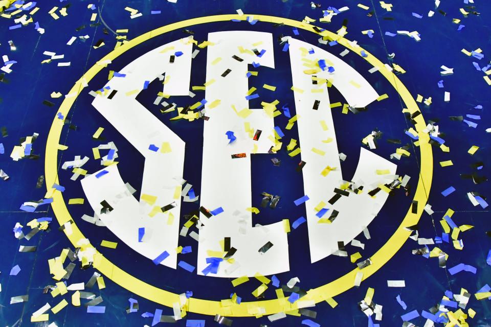 Mar 17, 2019; Nashville, TN, USA; SEC logo on the court following the championship game between the Tennessee Volunteers and the Auburn Tigers  in the SEC conference tournament at Bridgestone Arena. Auburn won 84-64. Mandatory Credit: Jim Brown-USA TODAY Sports