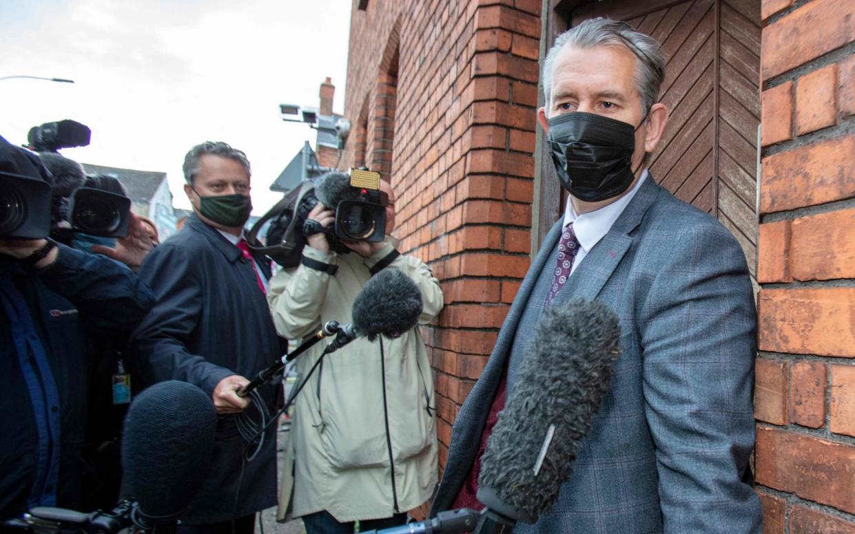 Edwin Poots leaves the party headquarters in Belfast on June 17 - Paul Faith/AFP