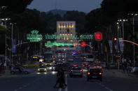 A view of the street in downtown of Tirana, Albania, Tuesday, May 24, 2022. Feyenoord will play Roma Wednesday in the Europa Conference League Final. (AP Photo/Antonio Calanni)