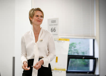 Democratic candidate for governor, Cynthia Nixon exits after voting in the New York State Democratic primary in New York City, U.S., September 13, 2018. REUTERS/Brendan McDermid